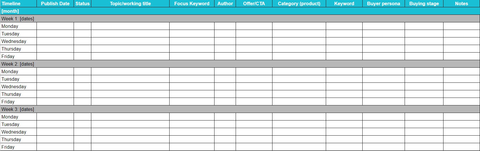Sample content calendar to track blog topic ideas
